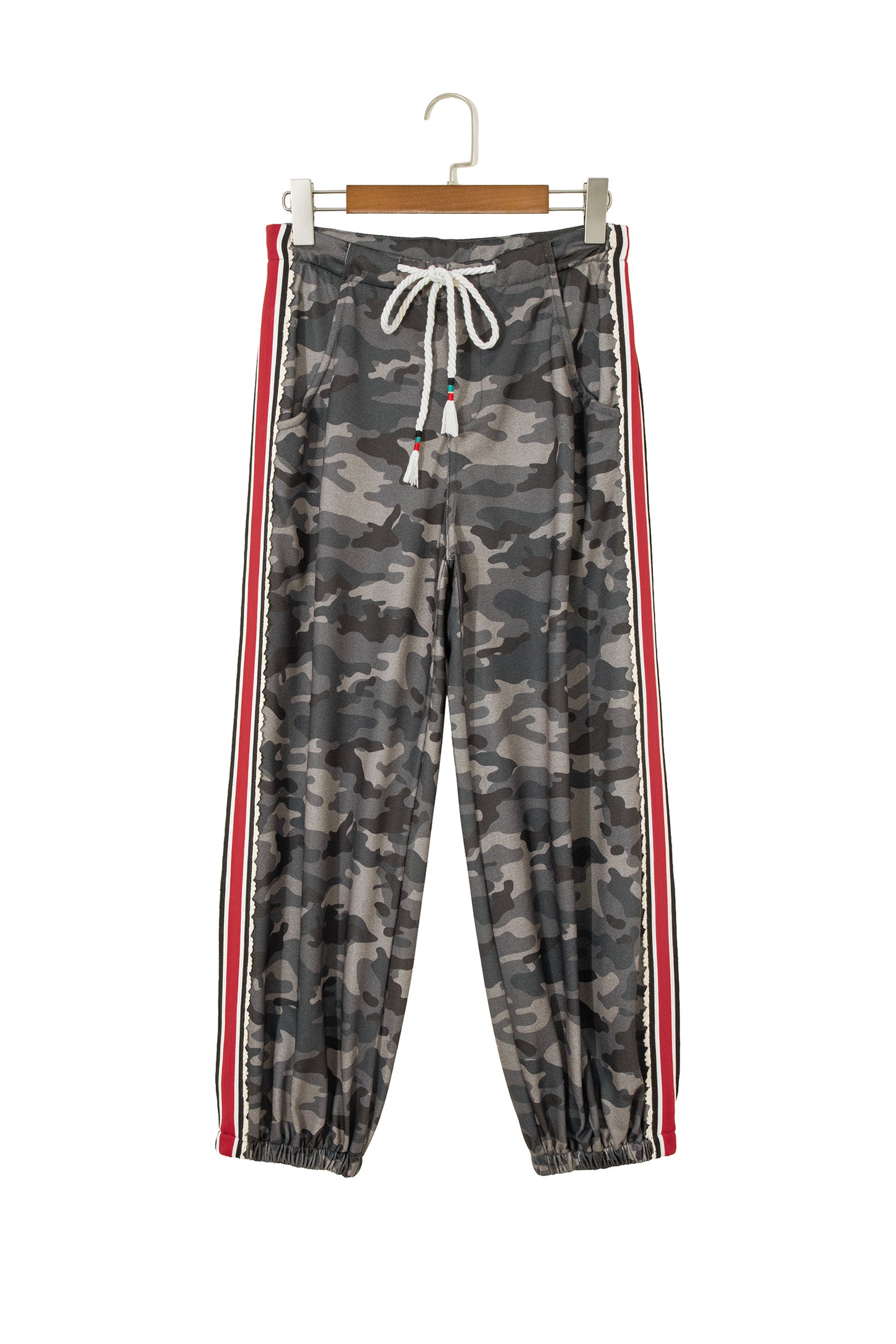 Khaki Camouflage Print Striped Side Panel Patchwork Drawstring Pants-Bottoms/Pants & Culotte-[Adult]-[Female]-2022 Online Blue Zone Planet