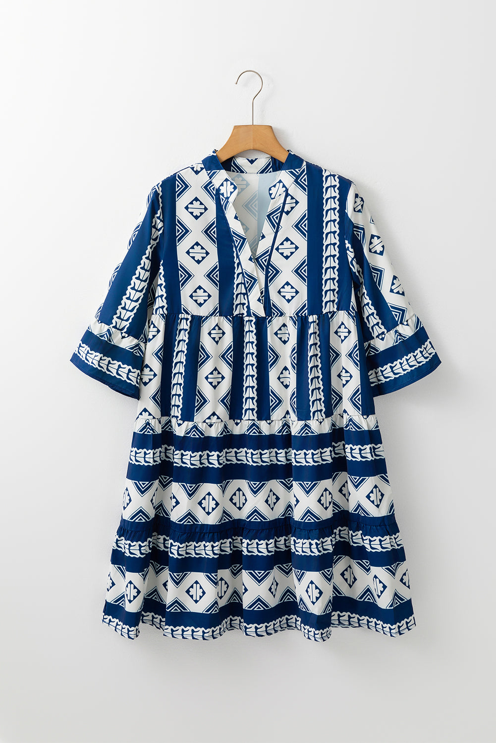 Blue Geometric Print V Neck Ruffled Dress-Dresses/Mini Dresses-[Adult]-[Female]-2022 Online Blue Zone Planet