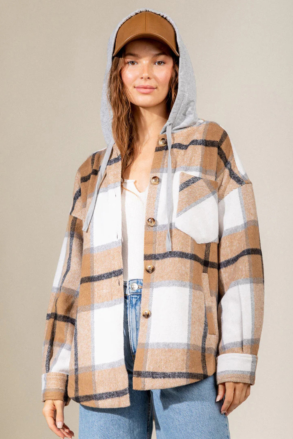 Drawstring Plaid Dropped Shoulder Hooded Shacket-TOPS / DRESSES-[Adult]-[Female]-2022 Online Blue Zone Planet