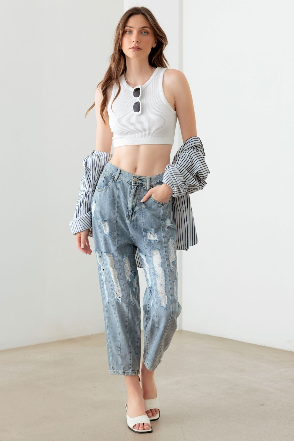 Blue Zone Planet | Litz La Washed Barrel Leg High Waist Distressed Jeans-TOPS / DRESSES-[Adult]-[Female]-2022 Online Blue Zone Planet