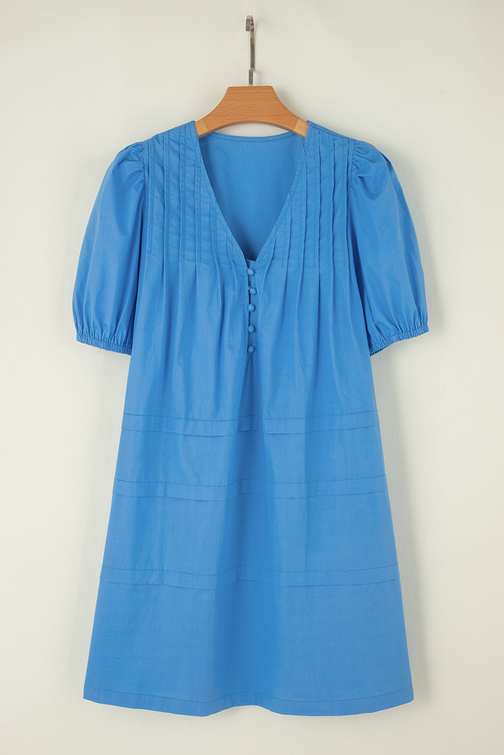 Blue Zone Planet | Blue Solid Color Pleated Puff Short Sleeve Shift Dress-TOPS / DRESSES-[Adult]-[Female]-2022 Online Blue Zone Planet