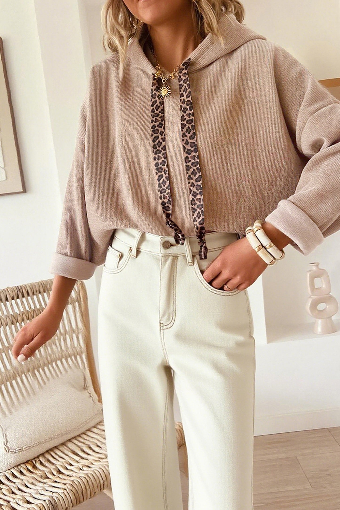 Parchment Thermal Textured Leopard Drawstring Baggy Hoodie-Tops/Sweatshirts & Hoodies-[Adult]-[Female]-Dark Khaki-S-2022 Online Blue Zone Planet