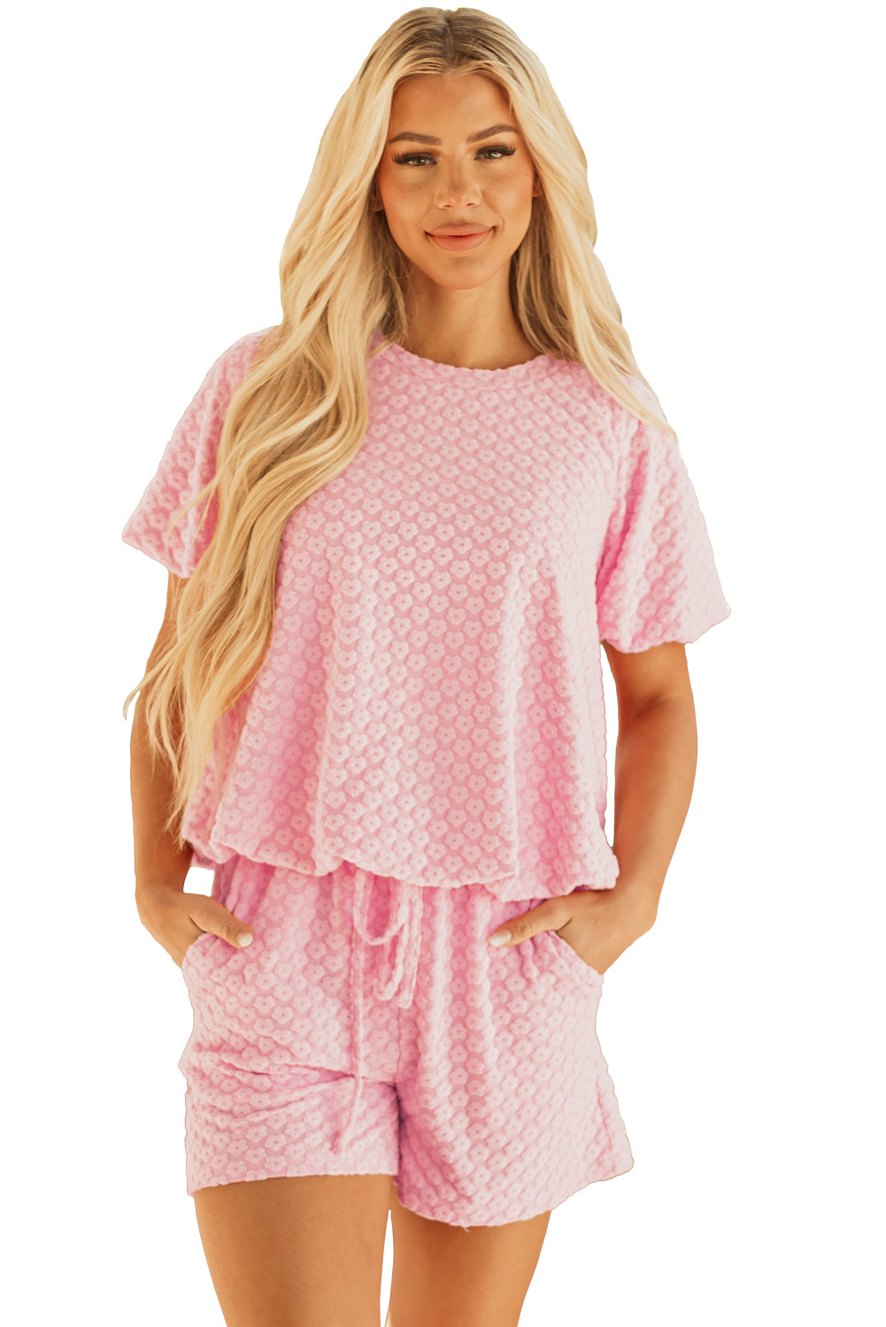 Coral Paradise Daisy Jacquard Textured Casual Short Set-Two Piece Sets/Short Sets-[Adult]-[Female]-2022 Online Blue Zone Planet