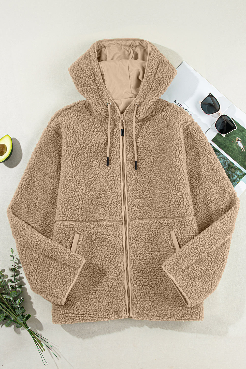 Blue Zone Planet | Pale Khaki Fleece Zip Up Drawstring Hooded Pocketed Jacket-Tops / Dresses-[Adult]-[Female]-2022 Online Blue Zone Planet