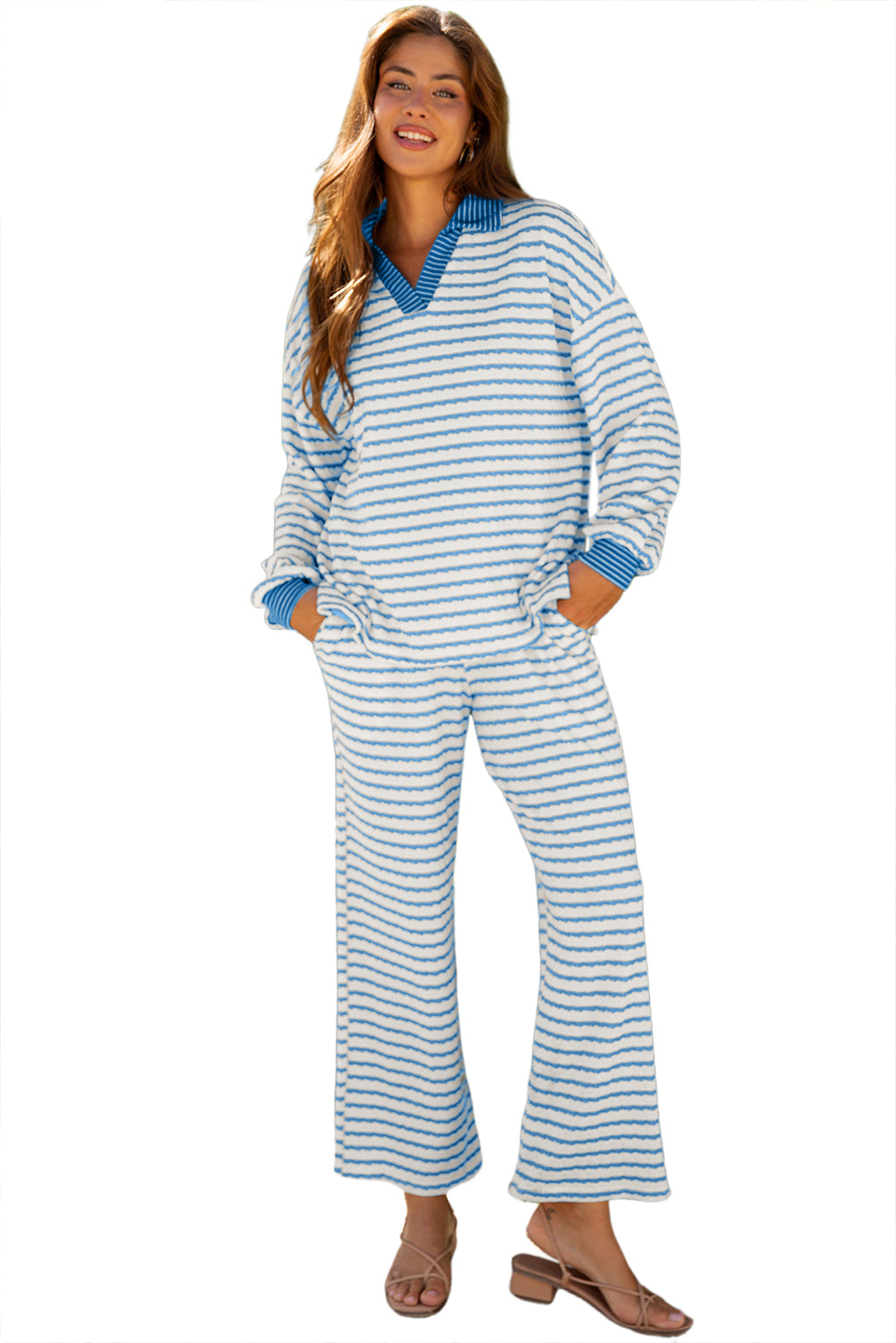 Sky Blue Stripe Collared Pullover Top and Drawstring Pant Set-Two Piece Sets/Pant Sets-[Adult]-[Female]-2022 Online Blue Zone Planet