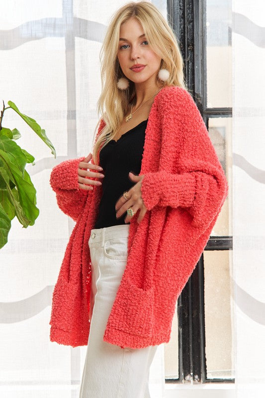 ADORA Popcorn Knit Open Front Long Sleeve Cardigan-TOPS / DRESSES-[Adult]-[Female]-Coral-One Size-2022 Online Blue Zone Planet