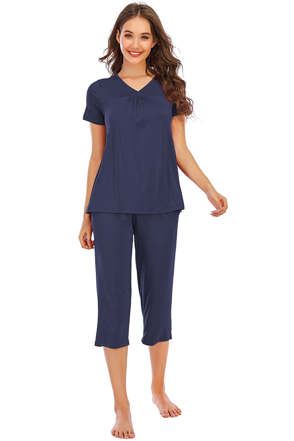 V-Neck Short Sleeve Top and Pants Lounge Set-TOPS / DRESSES-[Adult]-[Female]-2022 Online Blue Zone Planet