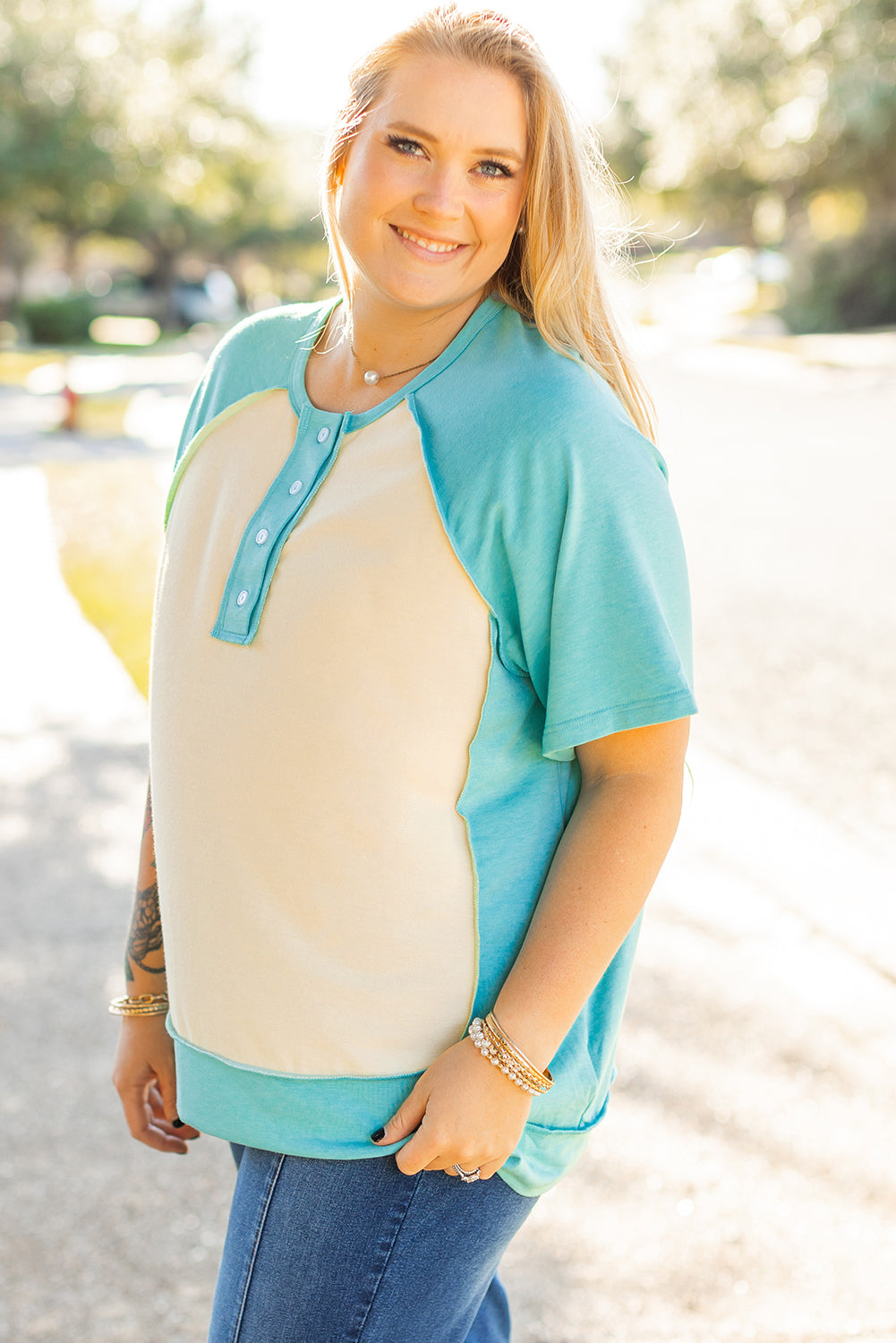 Mint Green Color Block Raglan Sleeve Buttoned Plus Size T Shirt-Plus Size/Plus Size Tops/Plus Size Tops & Tees-[Adult]-[Female]-2022 Online Blue Zone Planet
