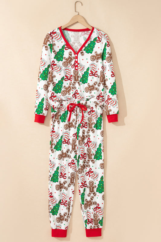 White Christmas Pattern Button V Neck Pullover Drawstring Pants 2pcs Lounge Set-Loungewear & Sleepwear/Loungewear-[Adult]-[Female]-2022 Online Blue Zone Planet