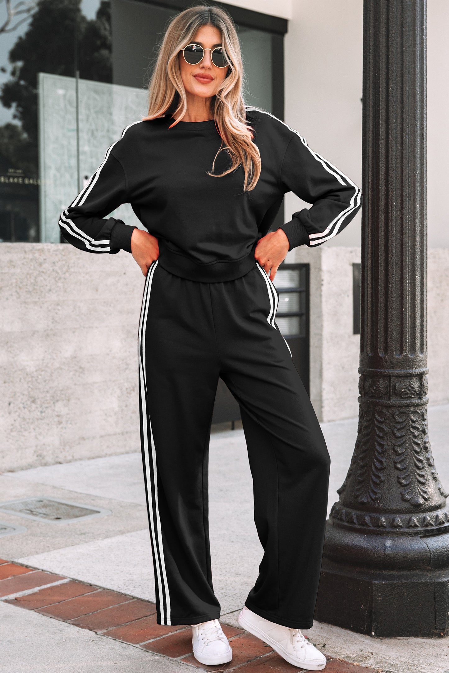 Gray Morn Varsity Striped Detail Crewneck Pullover Elastic Sweatpants 2pcs Outfit-Two Piece Sets/Pant Sets-[Adult]-[Female]-2022 Online Blue Zone Planet