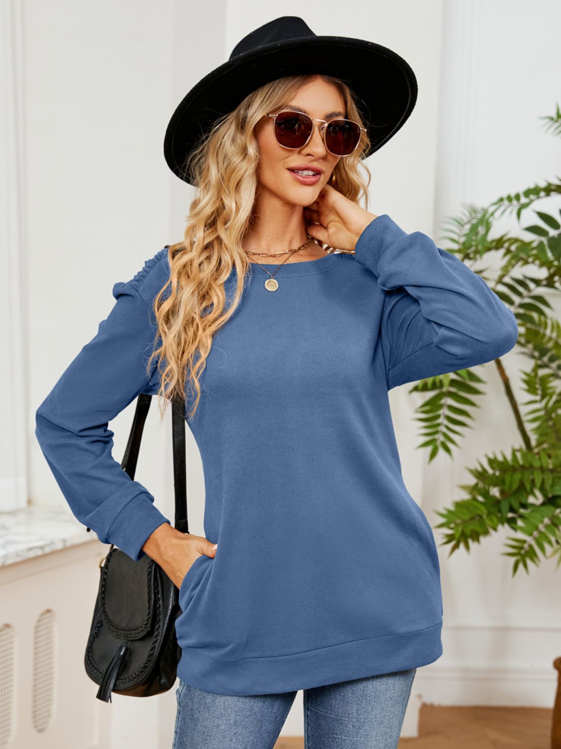 Ruched Shoulder Round Neck Long Sleeve Sweatshirt-TOPS / DRESSES-[Adult]-[Female]-2022 Online Blue Zone Planet