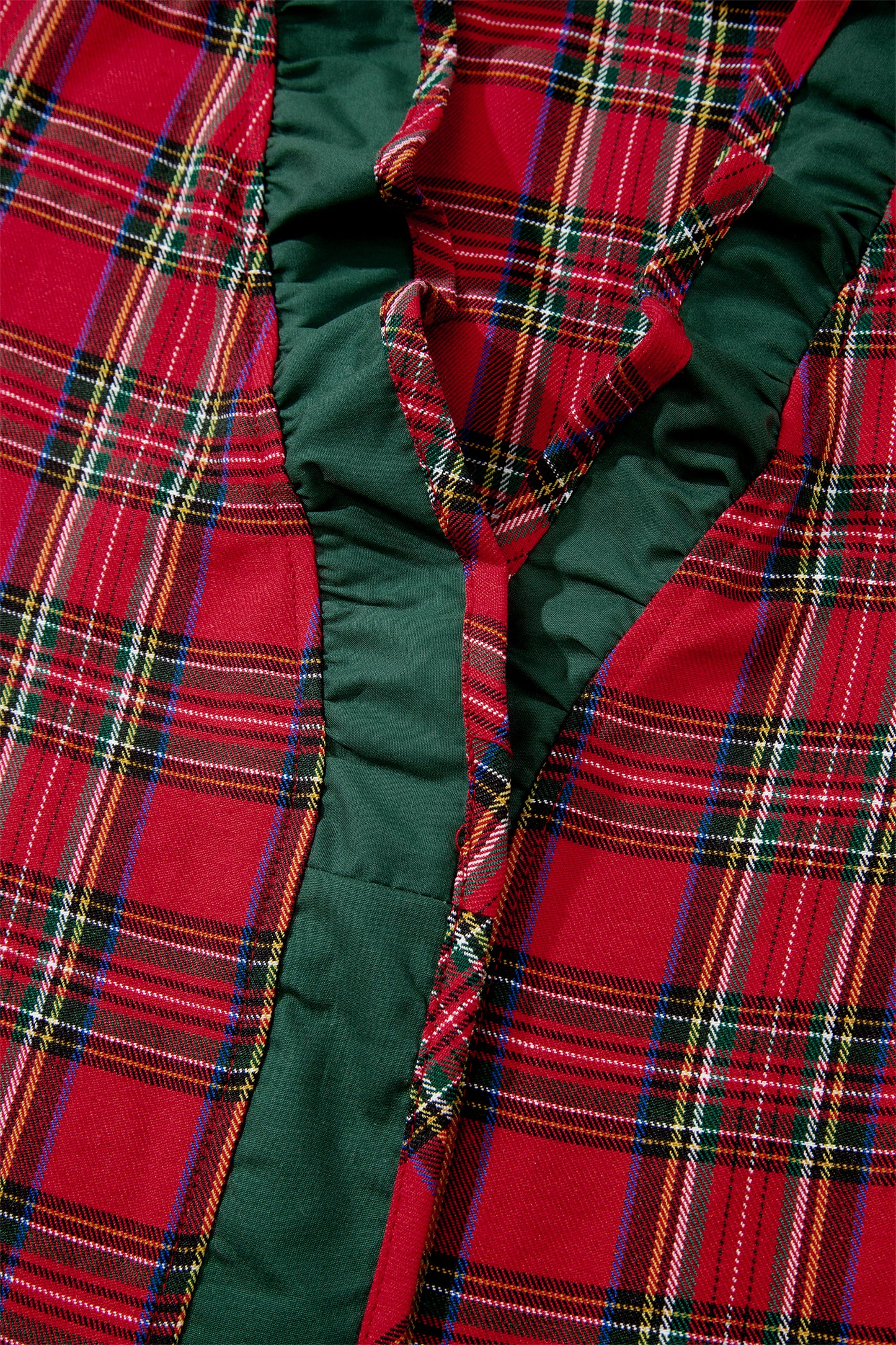 Red Plaid V Neck Ruffle Color Block Trim Short Sleeve Shirt