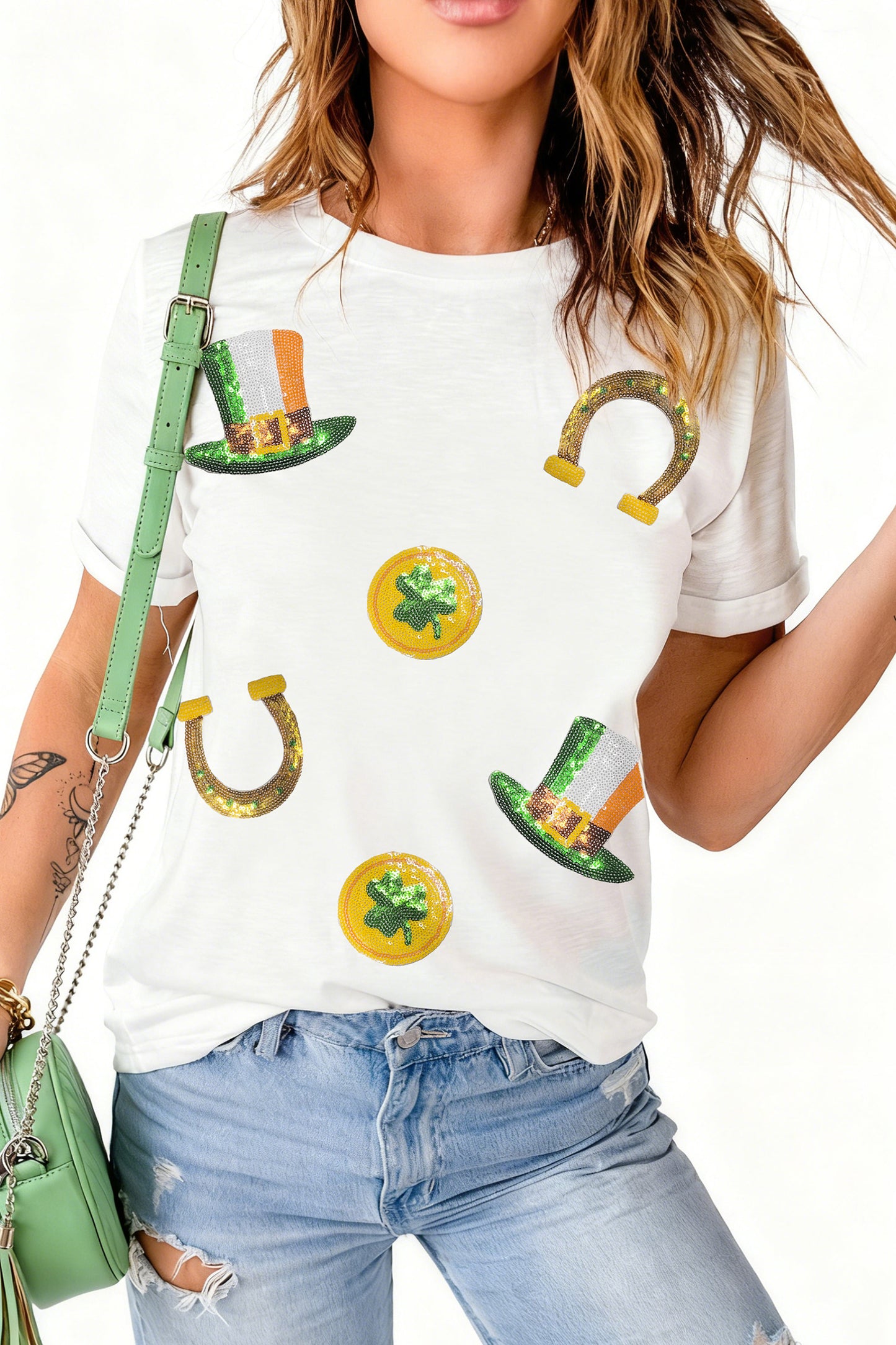 White St Patricks Day Sequin Graphic Casual T Shirt-Graphic/Graphic Tees-[Adult]-[Female]-2022 Online Blue Zone Planet