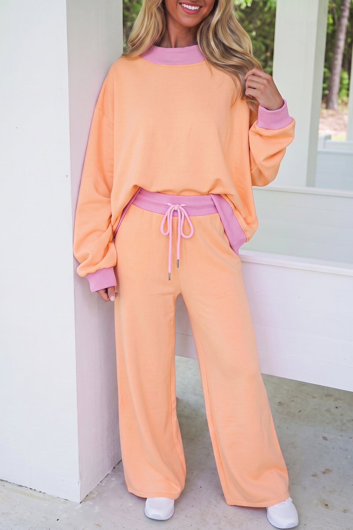 Light Pink Color Block Trim Long Sleeve Pullover Drawstring Shift Pants Set-Two Piece Sets/Pant Sets-[Adult]-[Female]-2022 Online Blue Zone Planet