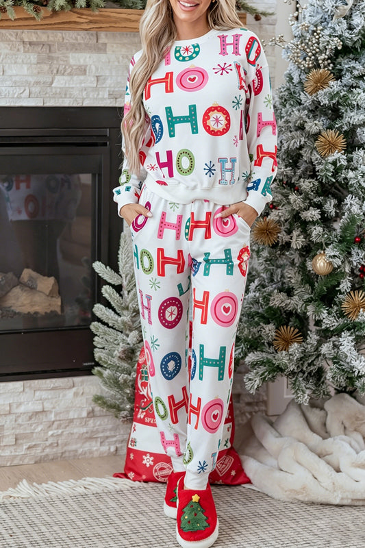 Multicolour Ho Ho Ho Print Long Sleeve Lounge Set-Loungewear & Sleepwear/Loungewear-[Adult]-[Female]-Multicolour-S-2022 Online Blue Zone Planet