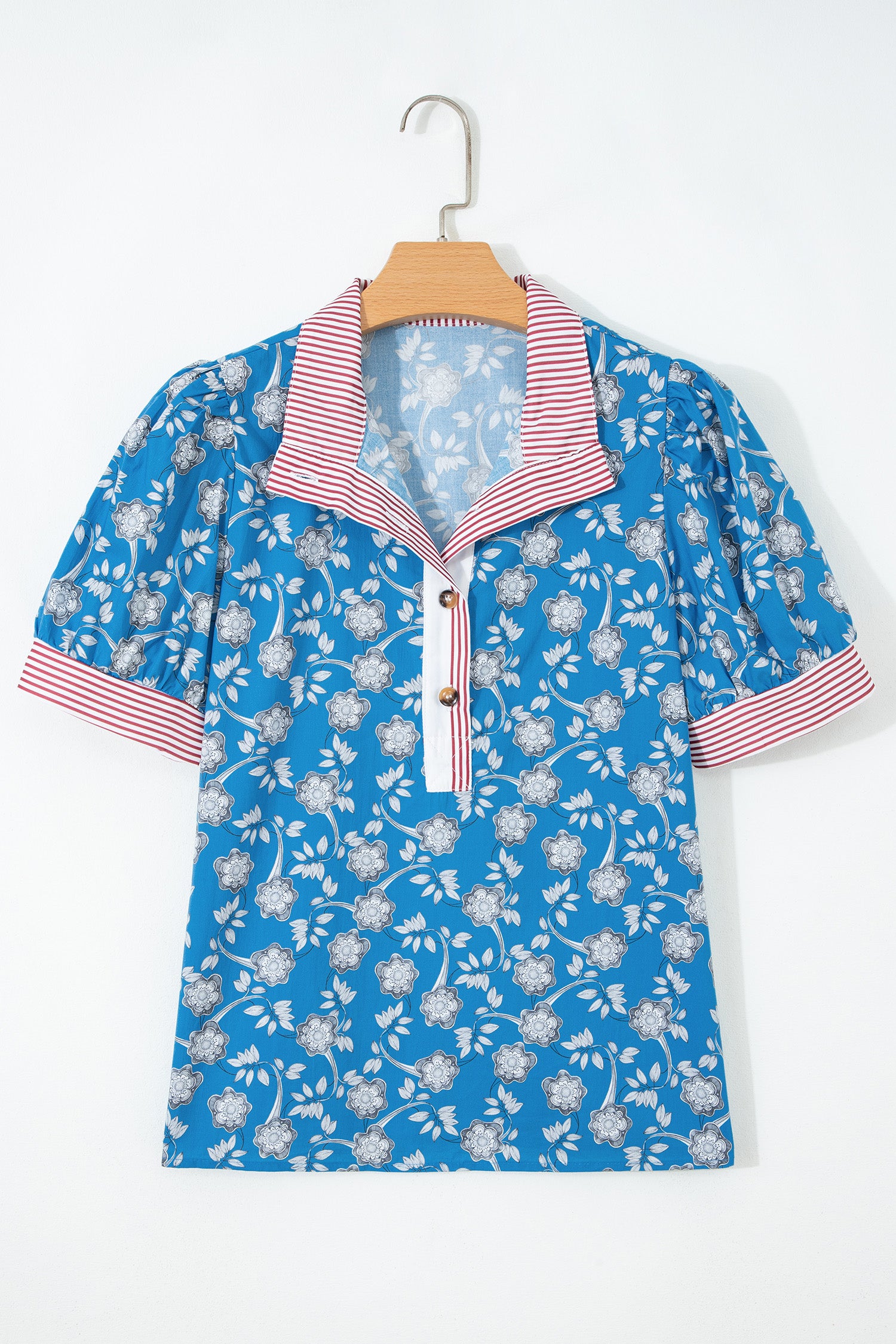 Blue Retro Floral Print Striped Trim Button Neck Short Sleeve Blouse-Tops/Blouses & Shirts-[Adult]-[Female]-2022 Online Blue Zone Planet