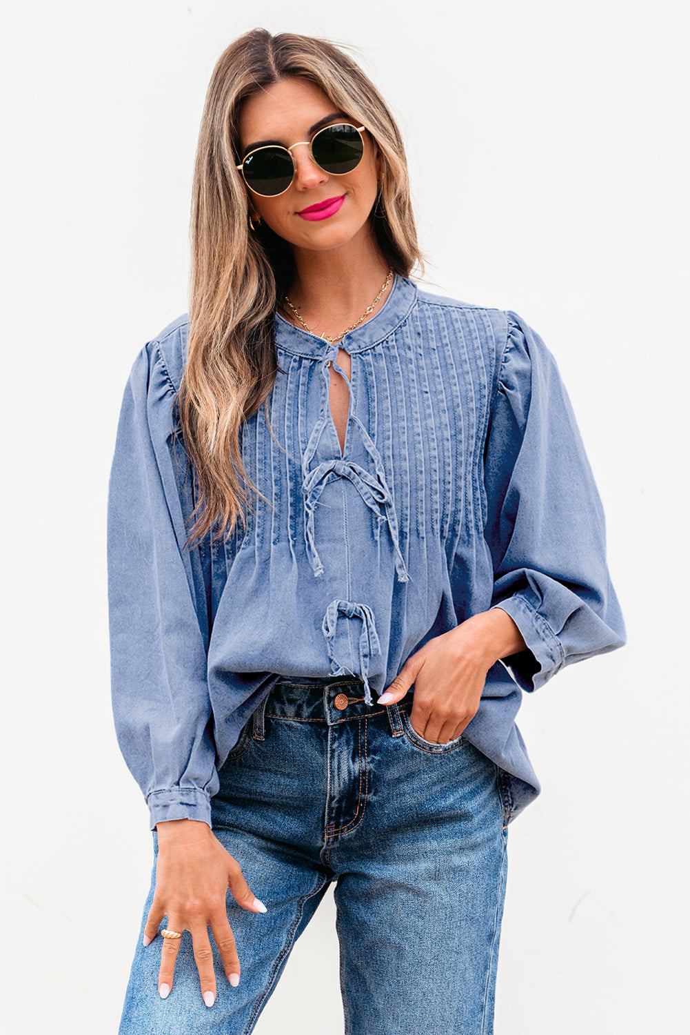 Blue Zone Planet | Myosotis Denim Front Pintuck Bow Tie Puff Sleeve Top-Tops/Blouses & Shirts-[Adult]-[Female]-2022 Online Blue Zone Planet
