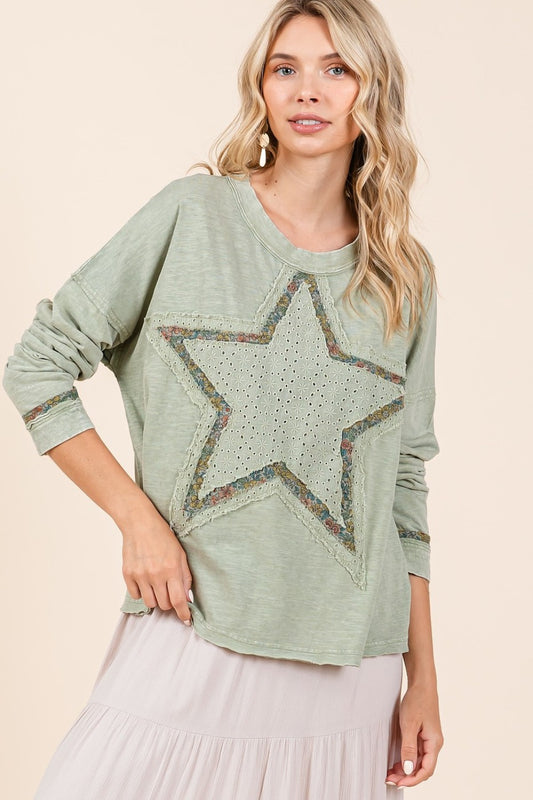 Mittoshop Mineral Wash Star Patch Long Sleeve T-Shirt-TOPS / DRESSES-[Adult]-[Female]-Sage-S-2022 Online Blue Zone Planet