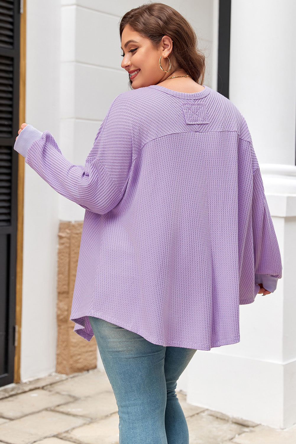 Orchid Petal Plus Size Waffle Knit Exposed Seam Flowy Top-Plus Size/Plus Size Tops/Plus Size Long Sleeve Tops-[Adult]-[Female]-2022 Online Blue Zone Planet