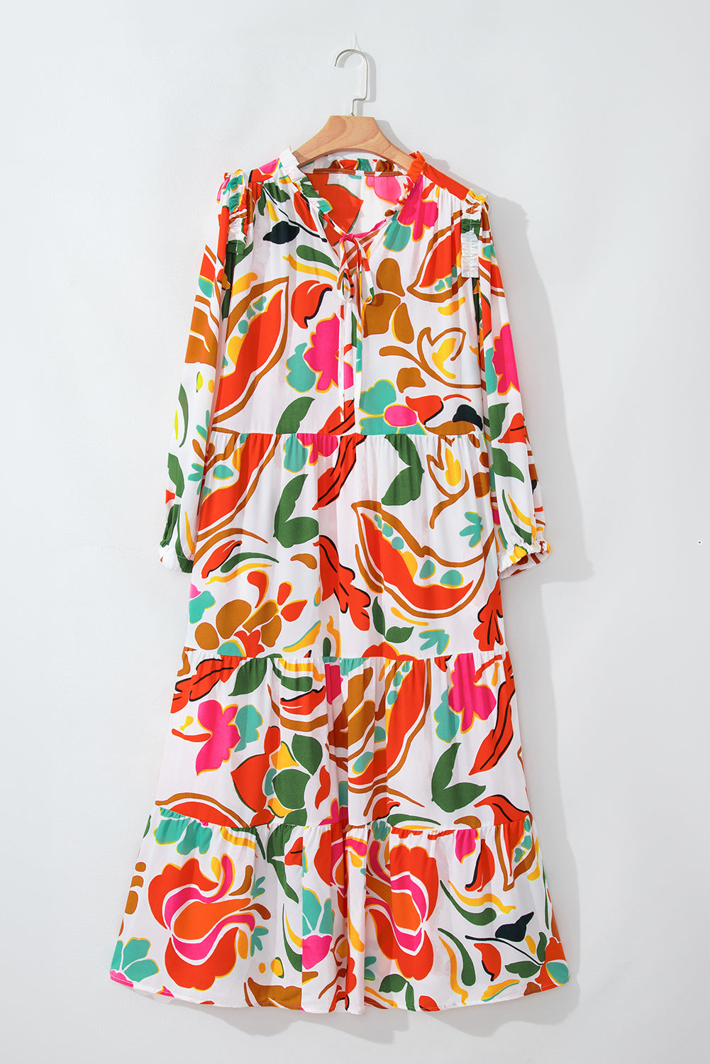 Orange Floral Print Drawstring V Neck Tiered Plus Size Dress-TOPS / DRESSES-[Adult]-[Female]-2022 Online Blue Zone Planet