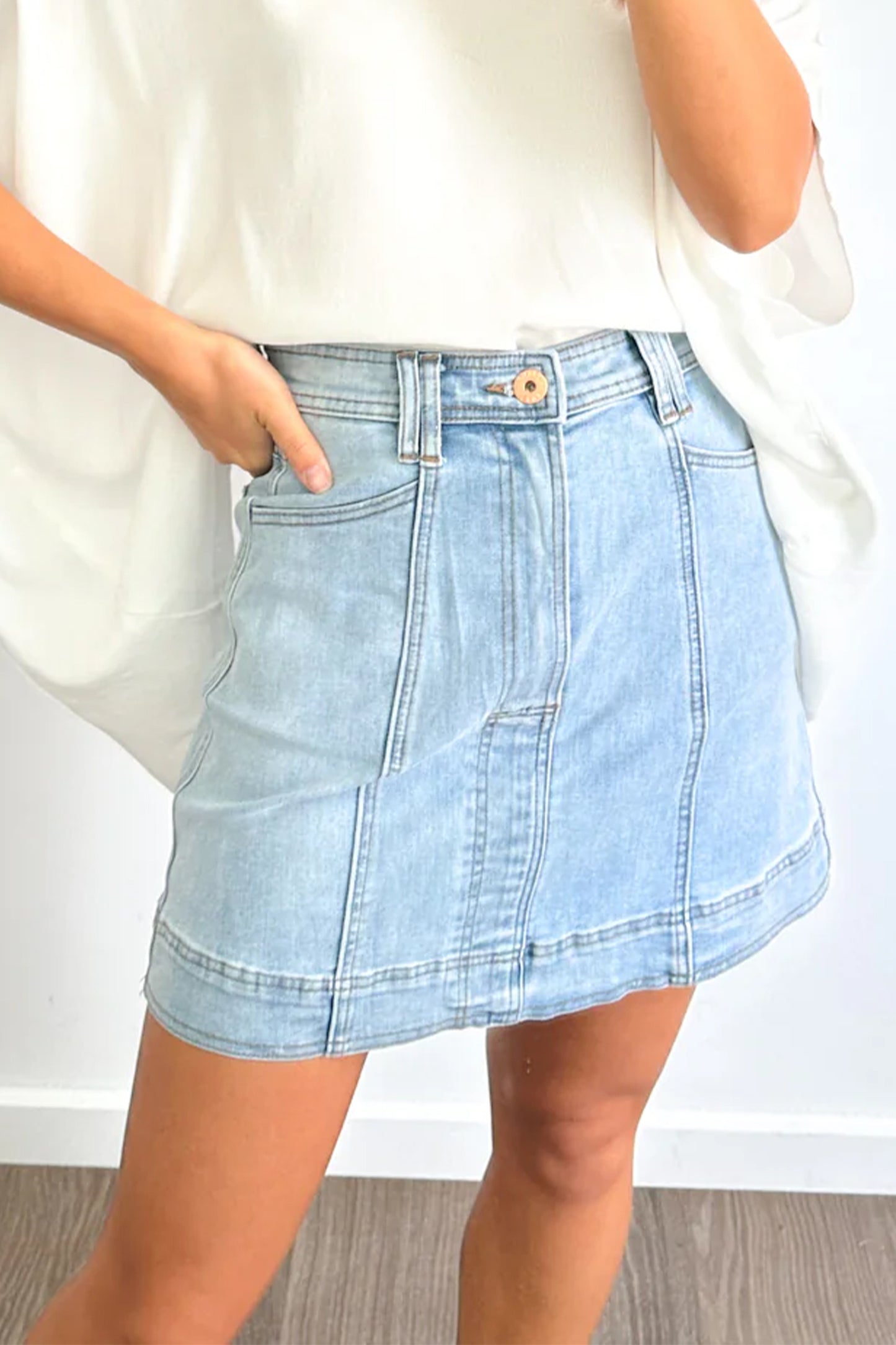 Beau Blue Exposed Seam Detail A-line Denim Mini Skirt with Pockets-Bottoms/Skirts & Petticoat-[Adult]-[Female]-2022 Online Blue Zone Planet