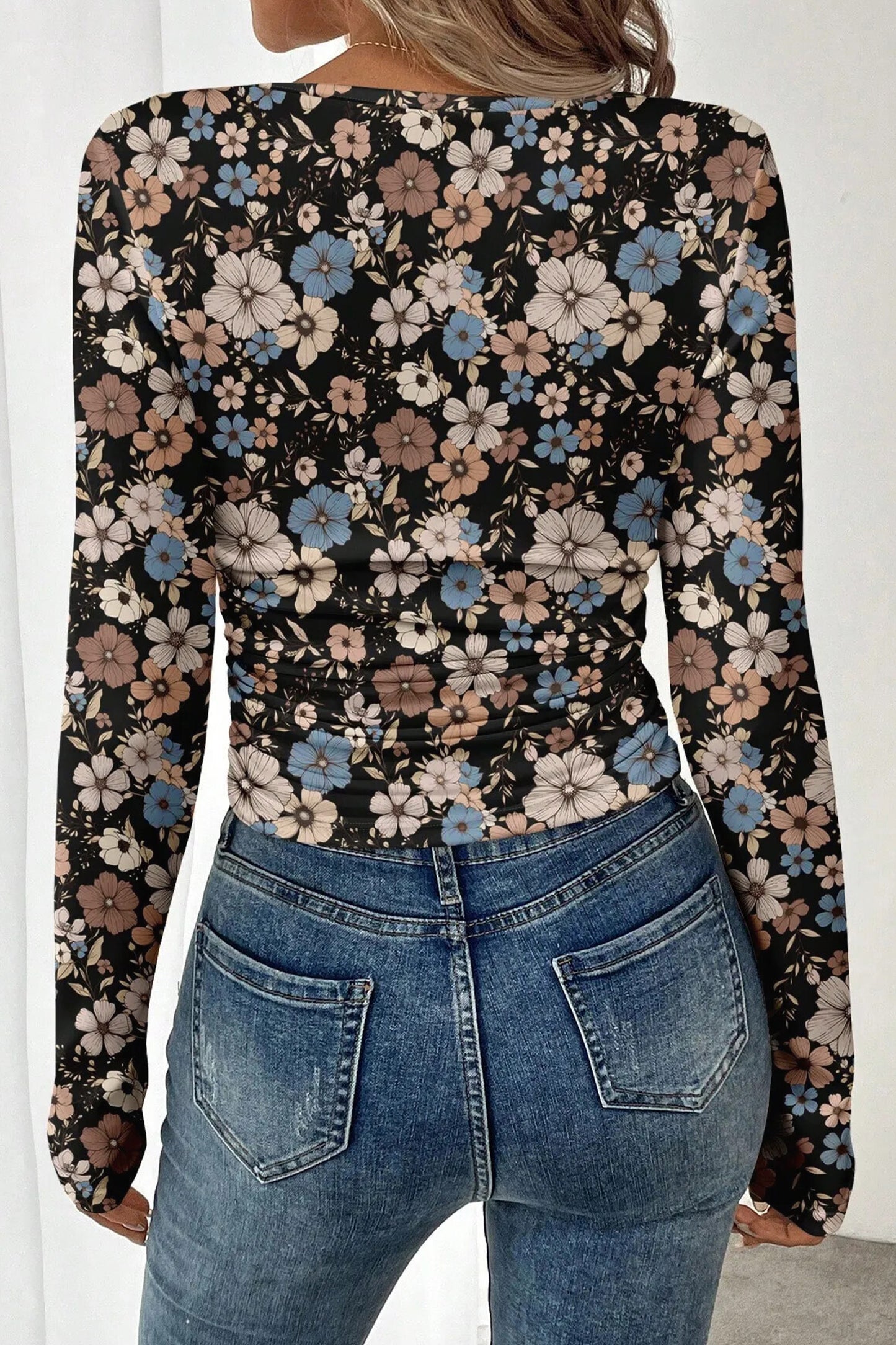 Black Floral Print Slim Long Sleeve T Shirt-Tops/Long Sleeve Tops-[Adult]-[Female]-2022 Online Blue Zone Planet