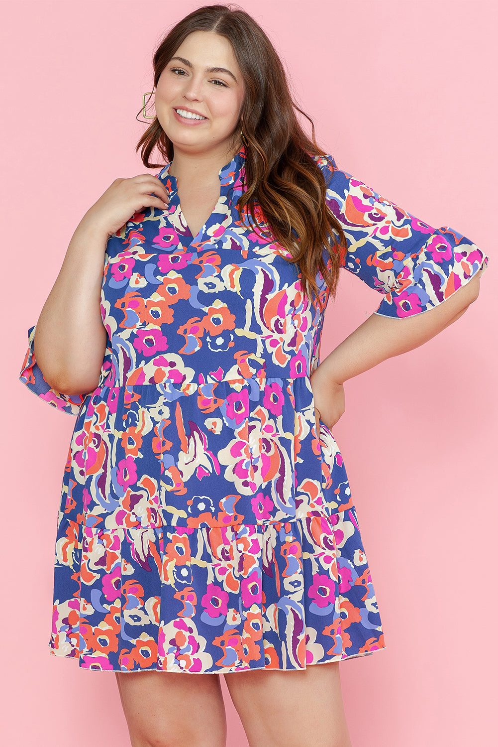 Blue Zone Planet | Blue Plus Size Floral Print Ruffled 3/4 Sleeve Mini Dress-TOPS / DRESSES-[Adult]-[Female]-2022 Online Blue Zone Planet