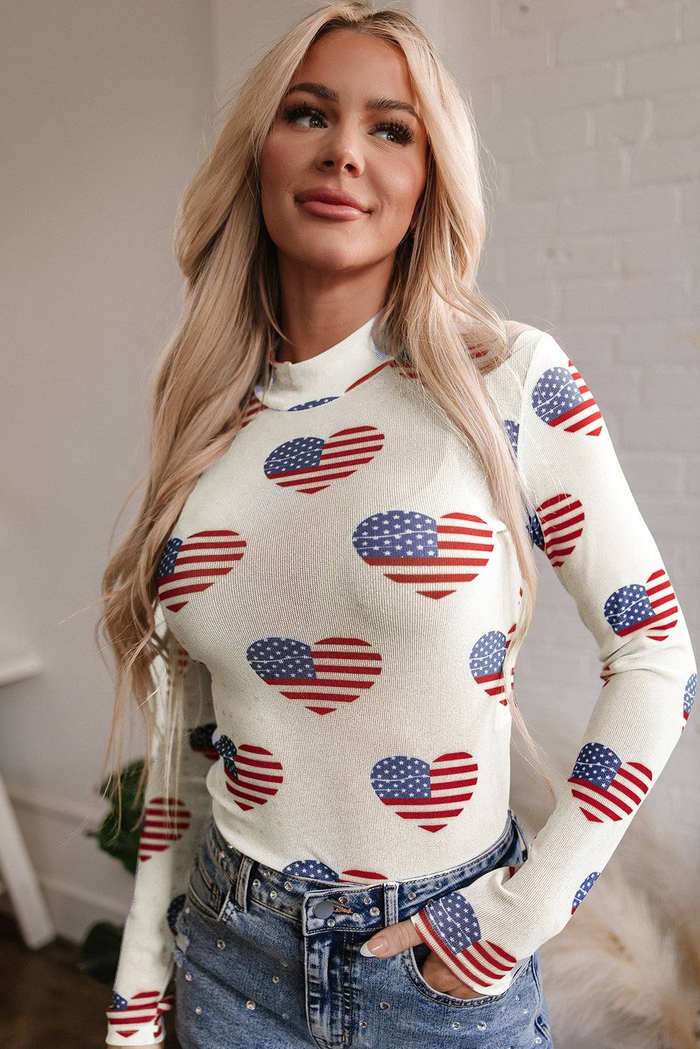 White Americana Glitter Mesh Long Sleeve Bodysuit-Tops/Bodysuits-[Adult]-[Female]-2022 Online Blue Zone Planet