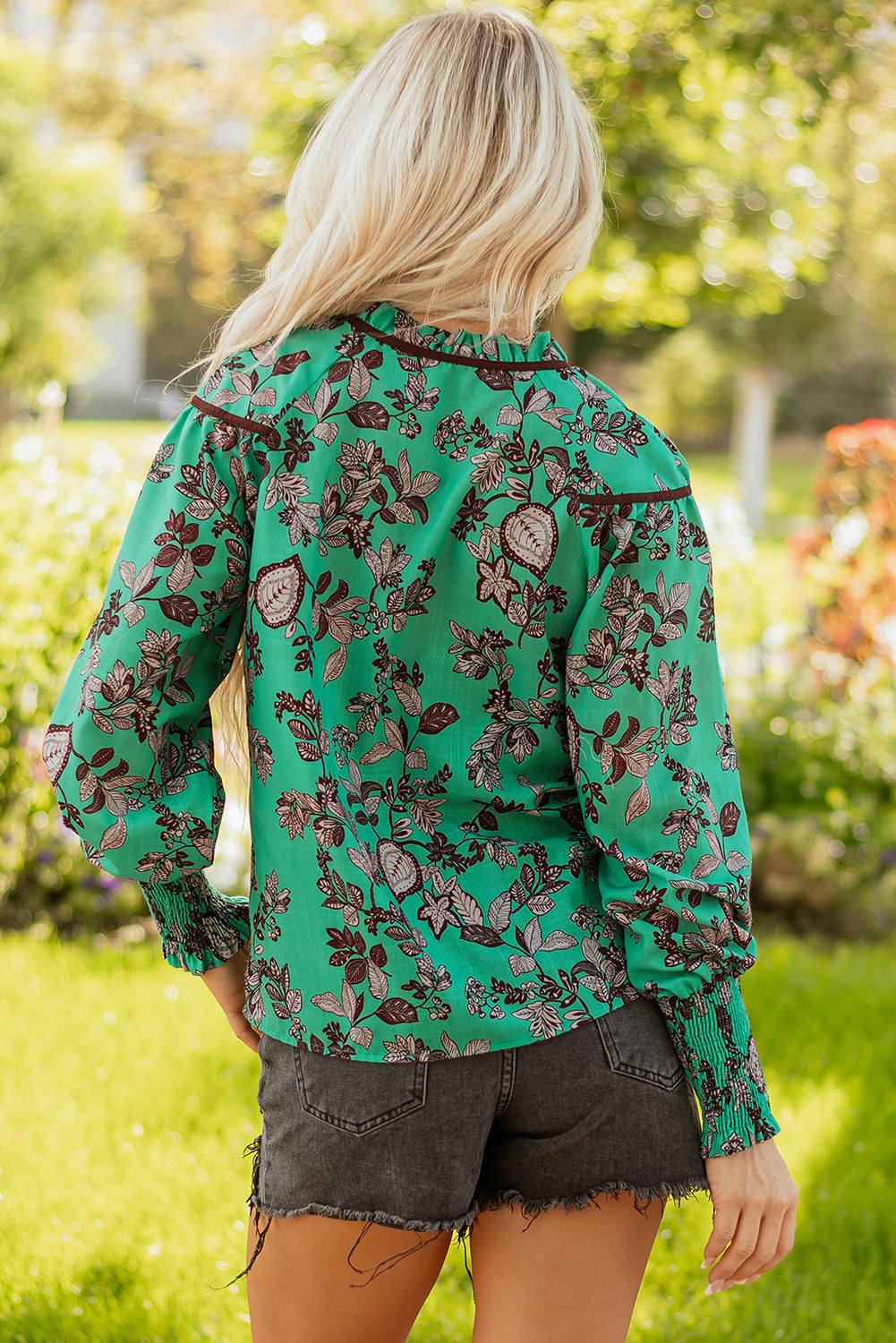 Green Leaves Print Contrast Trim V Neck Shirred Puff Sleeve Blouse-Tops/Blouses & Shirts-[Adult]-[Female]-2022 Online Blue Zone Planet