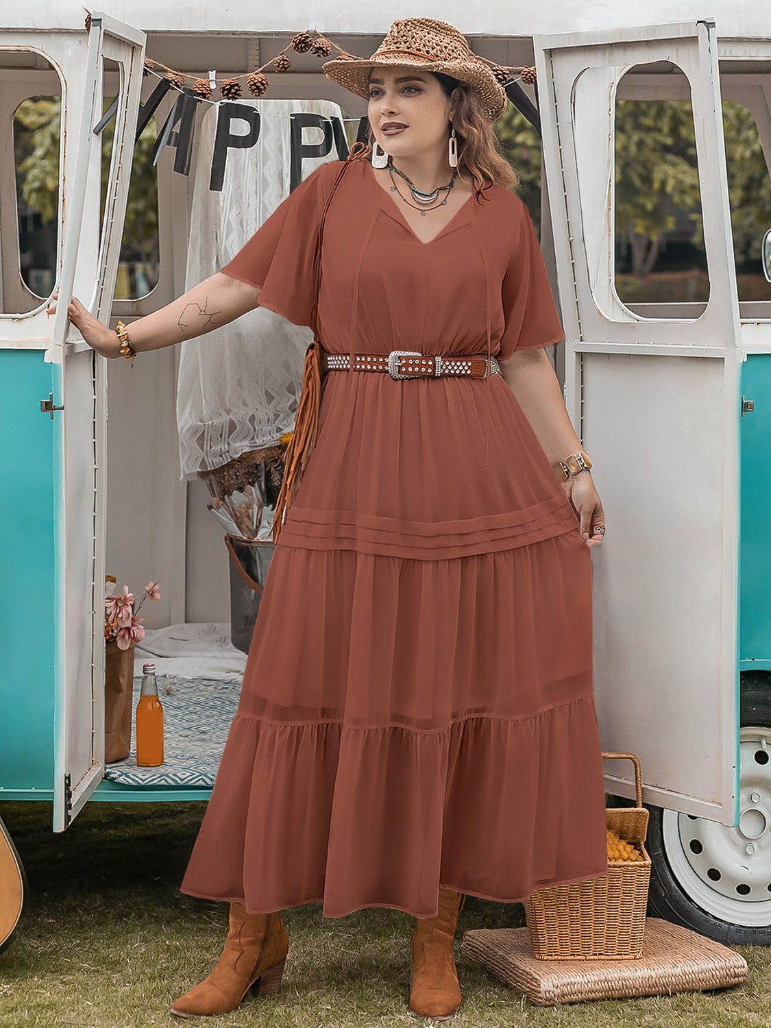 Blue Zone Planet | Plus Size Tie Neck Flutter Sleeve Midi Dress-TOPS / DRESSES-[Adult]-[Female]-Rust-0XL-2022 Online Blue Zone Planet