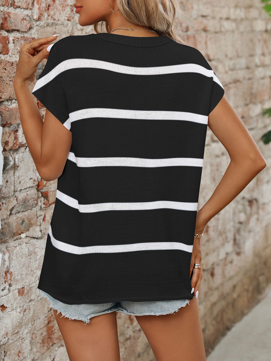 Blue Zone Planet | Mandy Striped Round Neck Short Sleeve Knit Top-TOPS / DRESSES-[Adult]-[Female]-2022 Online Blue Zone Planet