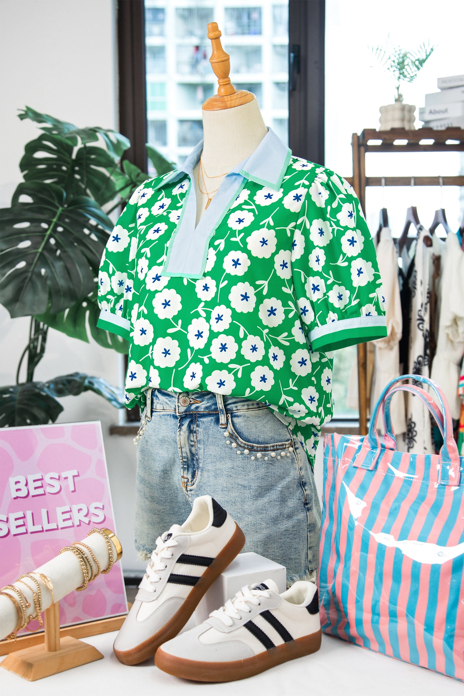 Green Flower Printed Contrast Patchwork Collar Short Sleeve Blouse-Tops/Blouses & Shirts-[Adult]-[Female]-2022 Online Blue Zone Planet