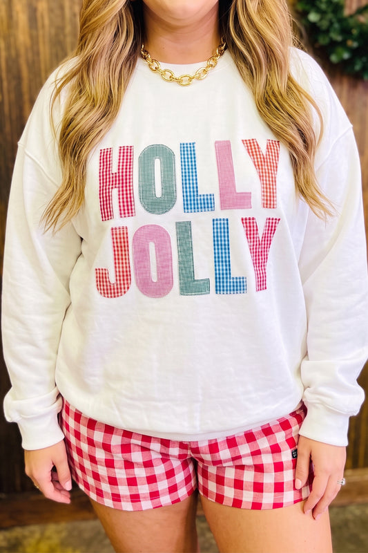 White HOLLY JOLLY Gingham Letter Graphic Plus Size Christmas Sweatshirt-Plus Size/Plus Size Sweatshirts & Hoodies-[Adult]-[Female]-White-1X-2022 Online Blue Zone Planet