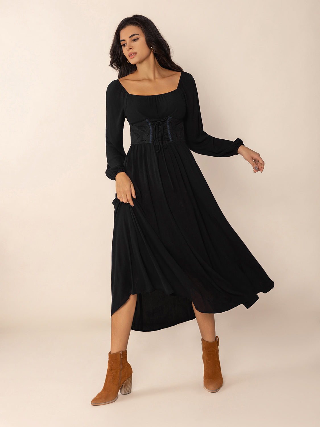 Lace-Up Square Neck Long Sleeve Midi Dress-TOPS / DRESSES-[Adult]-[Female]-2022 Online Blue Zone Planet