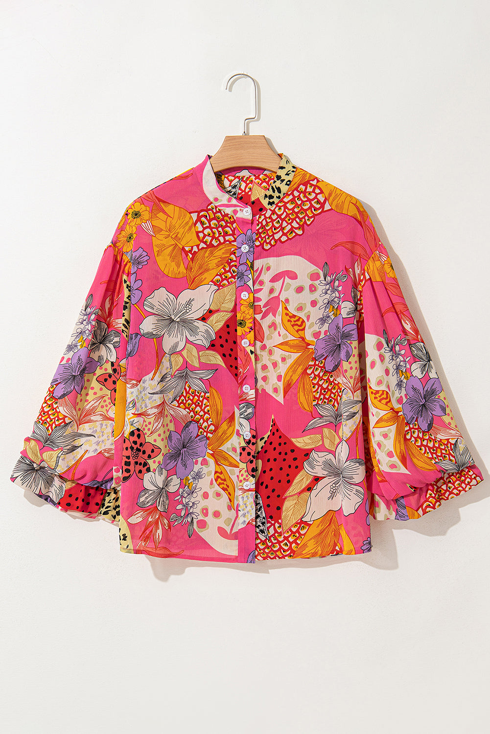 Red Abstract Floral Print Buttoned Ruffled Bubble Sleeve Shirt-Tops/Blouses & Shirts-[Adult]-[Female]-2022 Online Blue Zone Planet