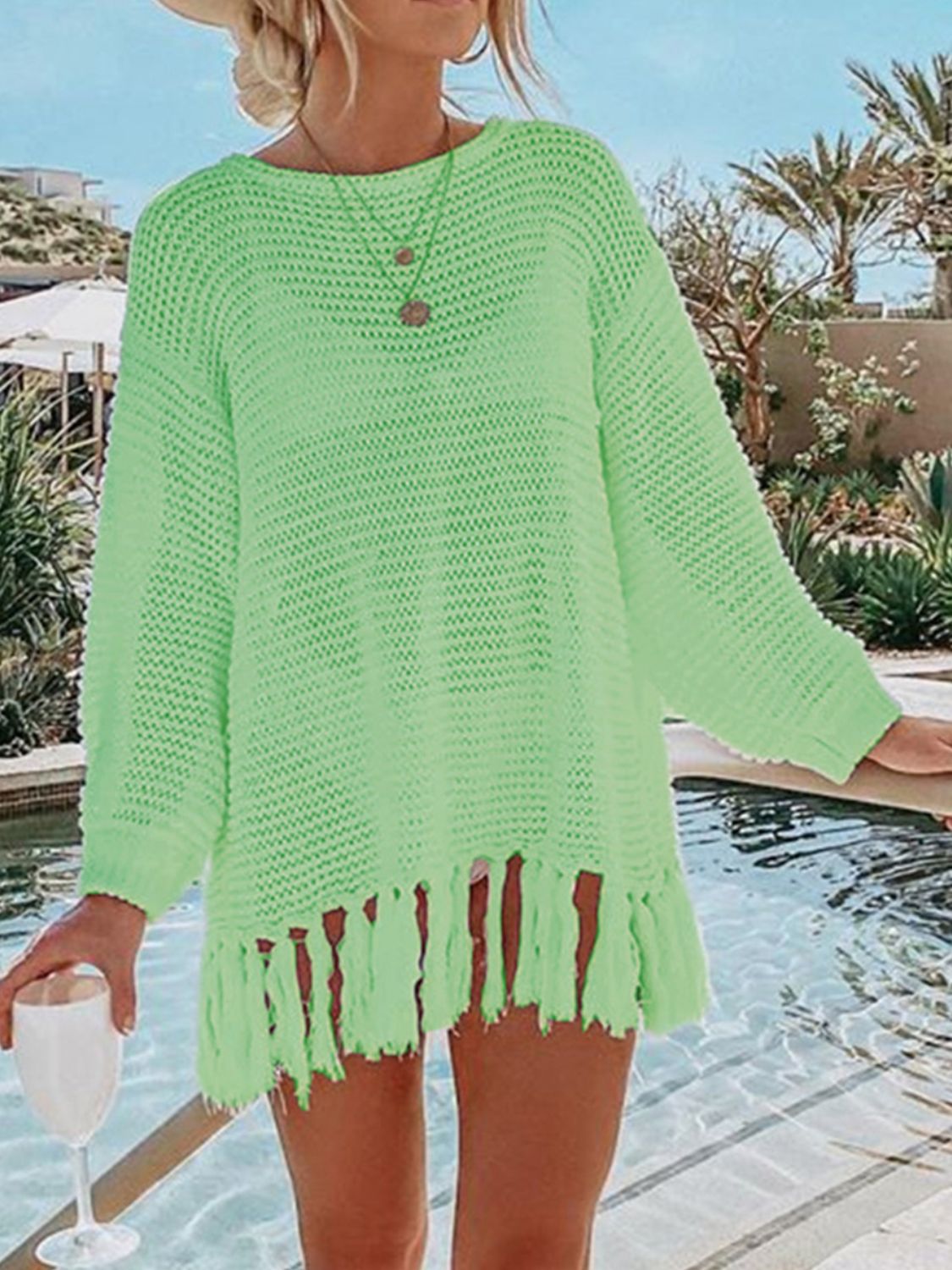 Blue Zone Planet | Angel Wings Openwork Tassel Hem Long Sleeve Knit Cover Up-TOPS / DRESSES-[Adult]-[Female]-Neon Green-S-2022 Online Blue Zone Planet