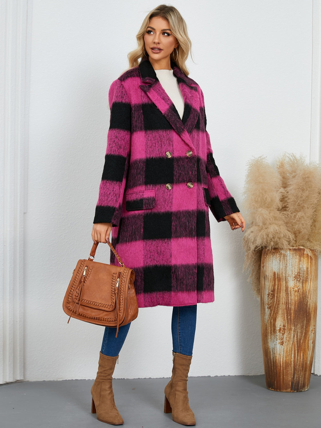 Blue Zone Planet | Plaid Double-Breasted Long Sleeve Coat-TOPS / DRESSES-[Adult]-[Female]-2022 Online Blue Zone Planet