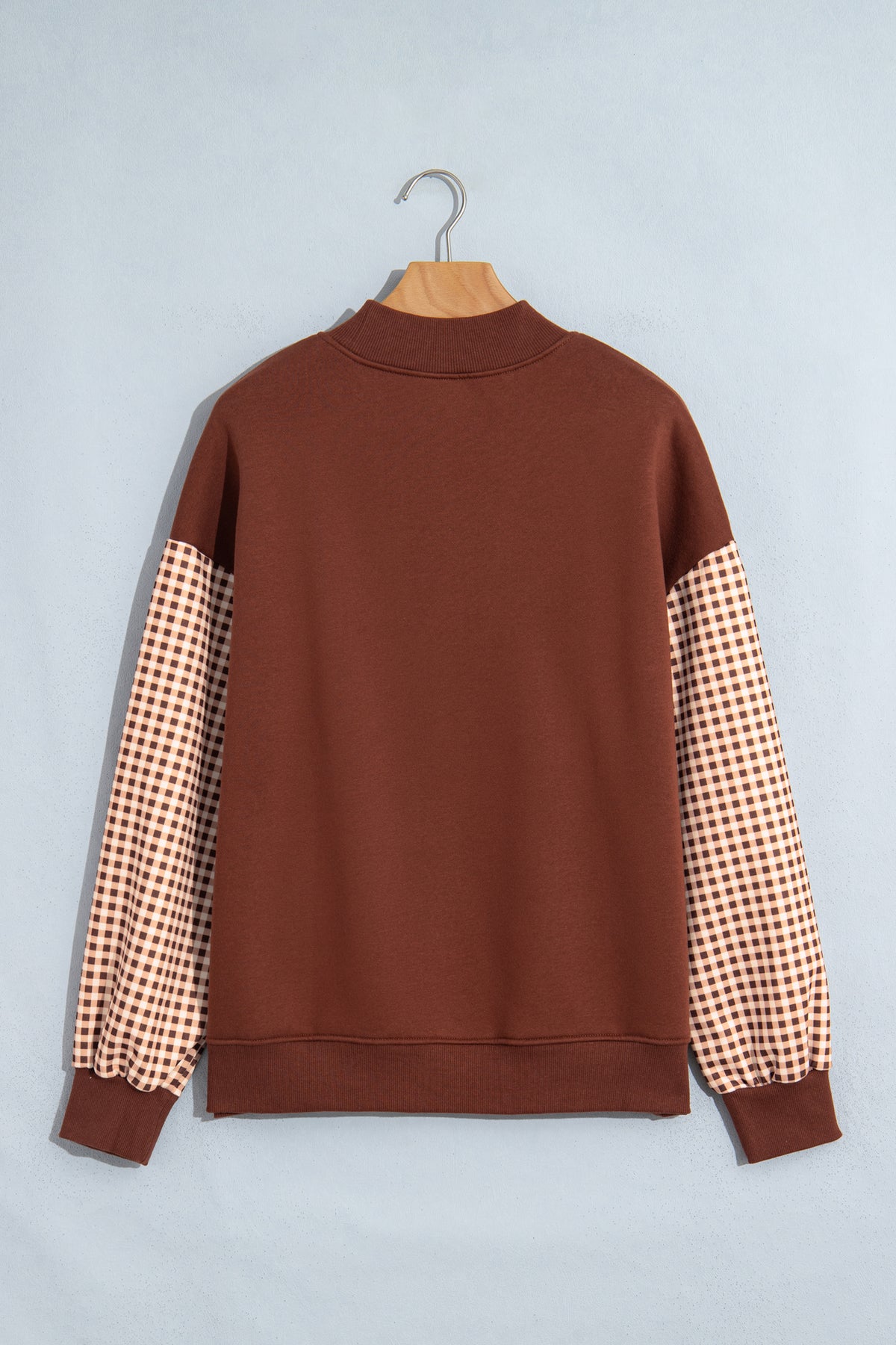Coffee Plaid Sleeve Colorblock Loose Tunic Sweatshirt-Tops/Sweatshirts & Hoodies-[Adult]-[Female]-2022 Online Blue Zone Planet