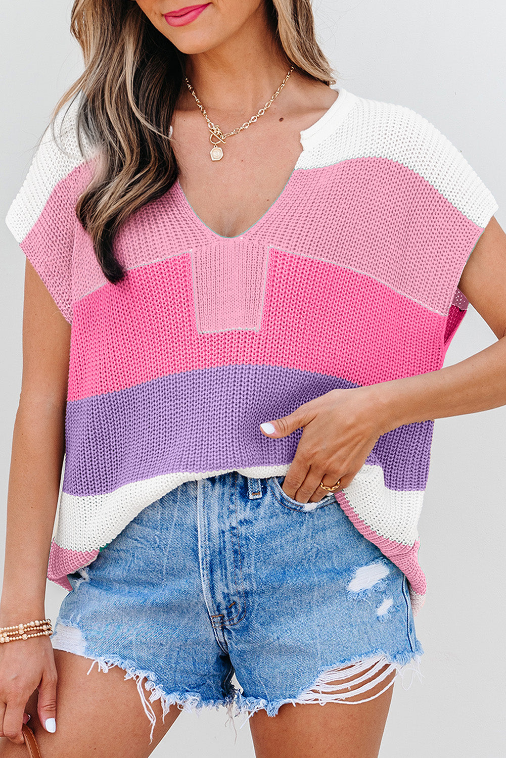 Pink Color Block Notch V Neck Sweater T Shirt-TOPS / DRESSES-[Adult]-[Female]-2022 Online Blue Zone Planet