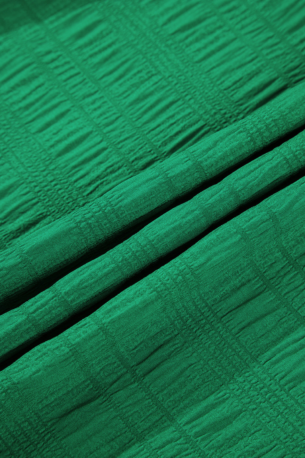 Dark Green Solid Textured Smocked Puff Short Sleeve High Waist Long Dress-TOPS / DRESSES-[Adult]-[Female]-2022 Online Blue Zone Planet