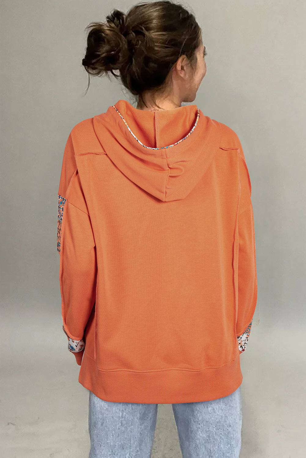 Flamingo Mix Floral Patchwork Side Slit Drawstring Hoodie-Tops / Dresses-[Adult]-[Female]-2022 Online Blue Zone Planet
