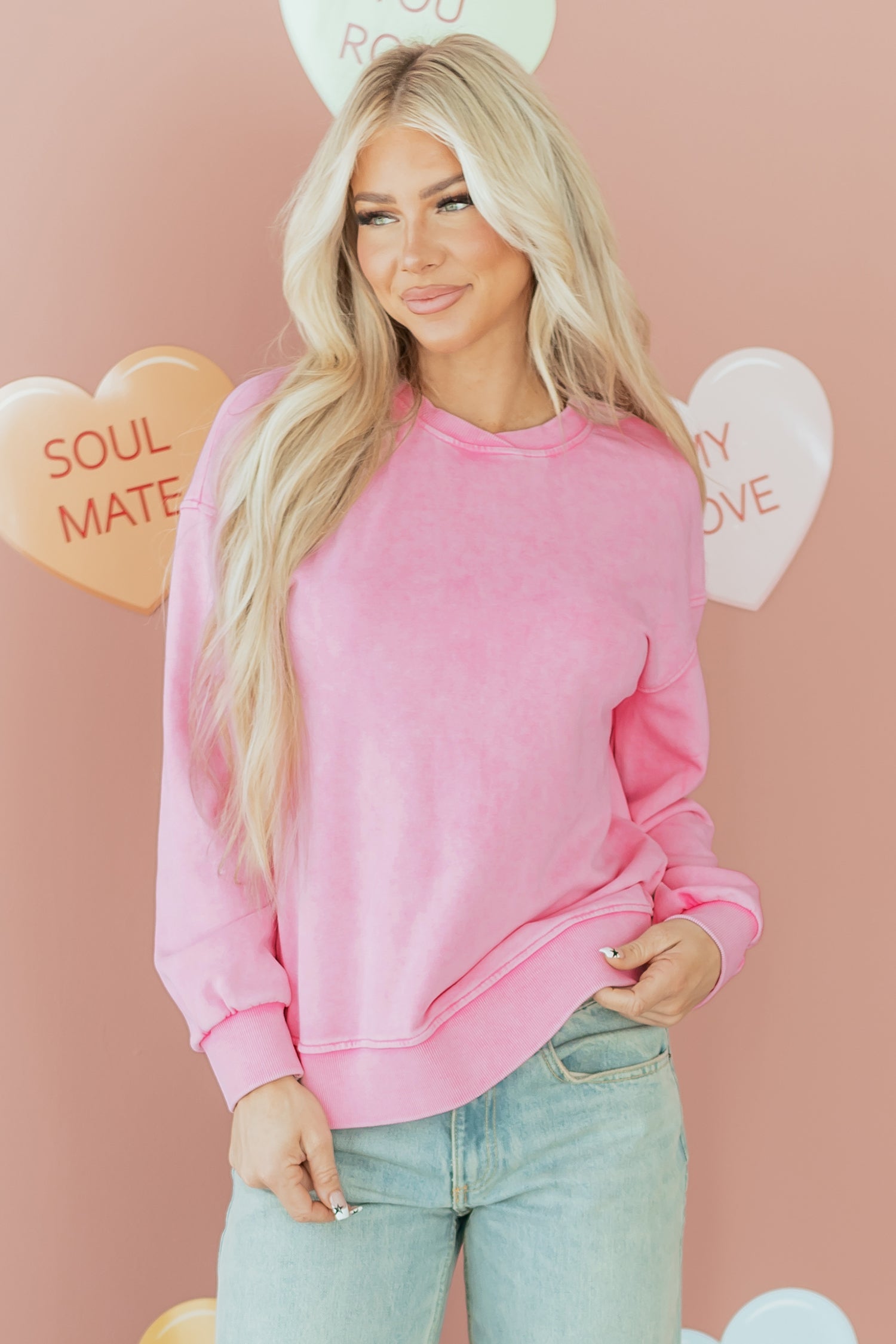 Bright Pink Mineral Wash Crossed Crew Neck Drop Shoulder Loose Sweatshirt-Tops/Sweatshirts & Hoodies-[Adult]-[Female]-2022 Online Blue Zone Planet
