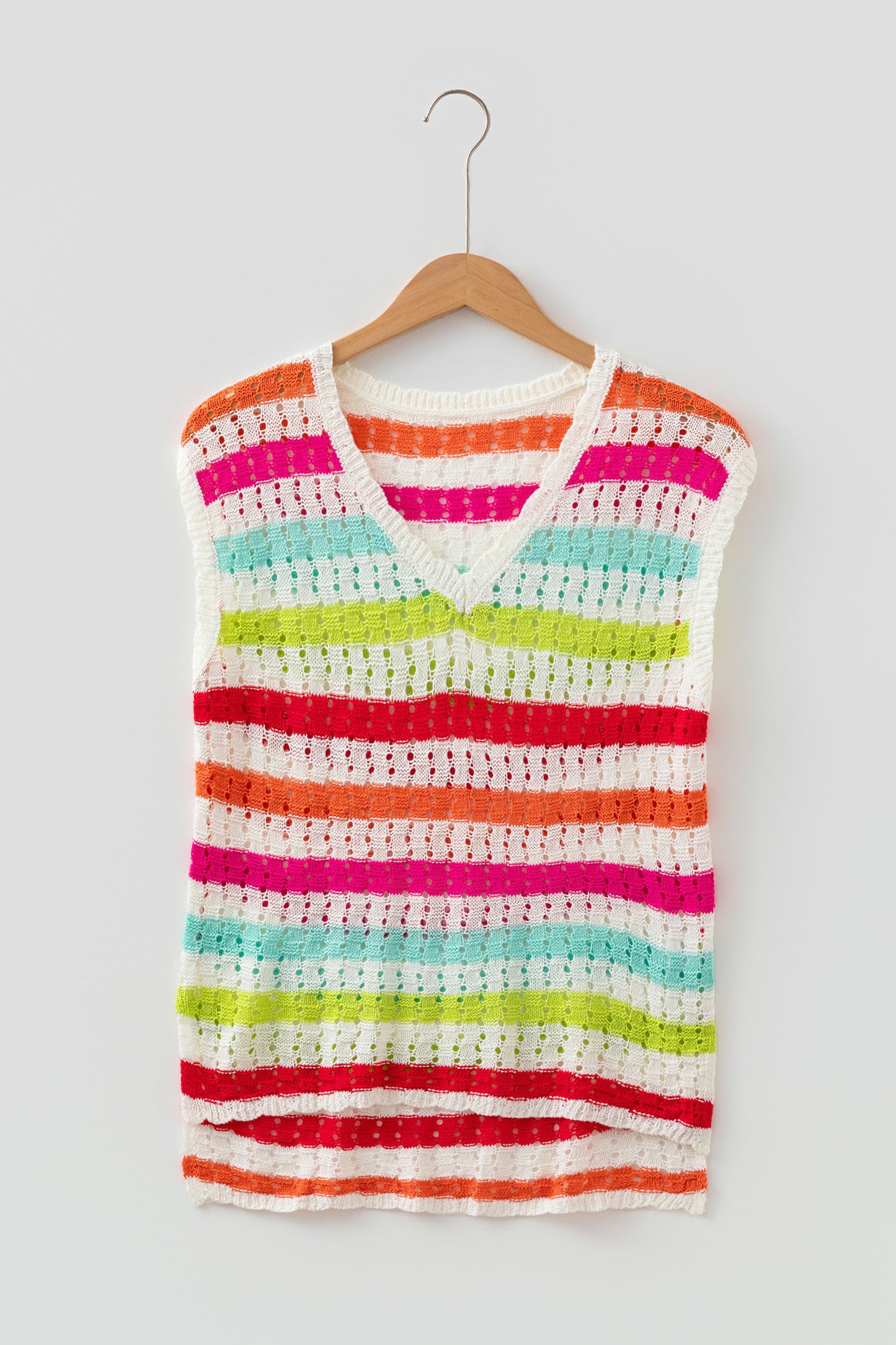 Multicolour Striped Eyelet Knit V Neck Sweater Tee-TOPS / DRESSES-[Adult]-[Female]-2022 Online Blue Zone Planet