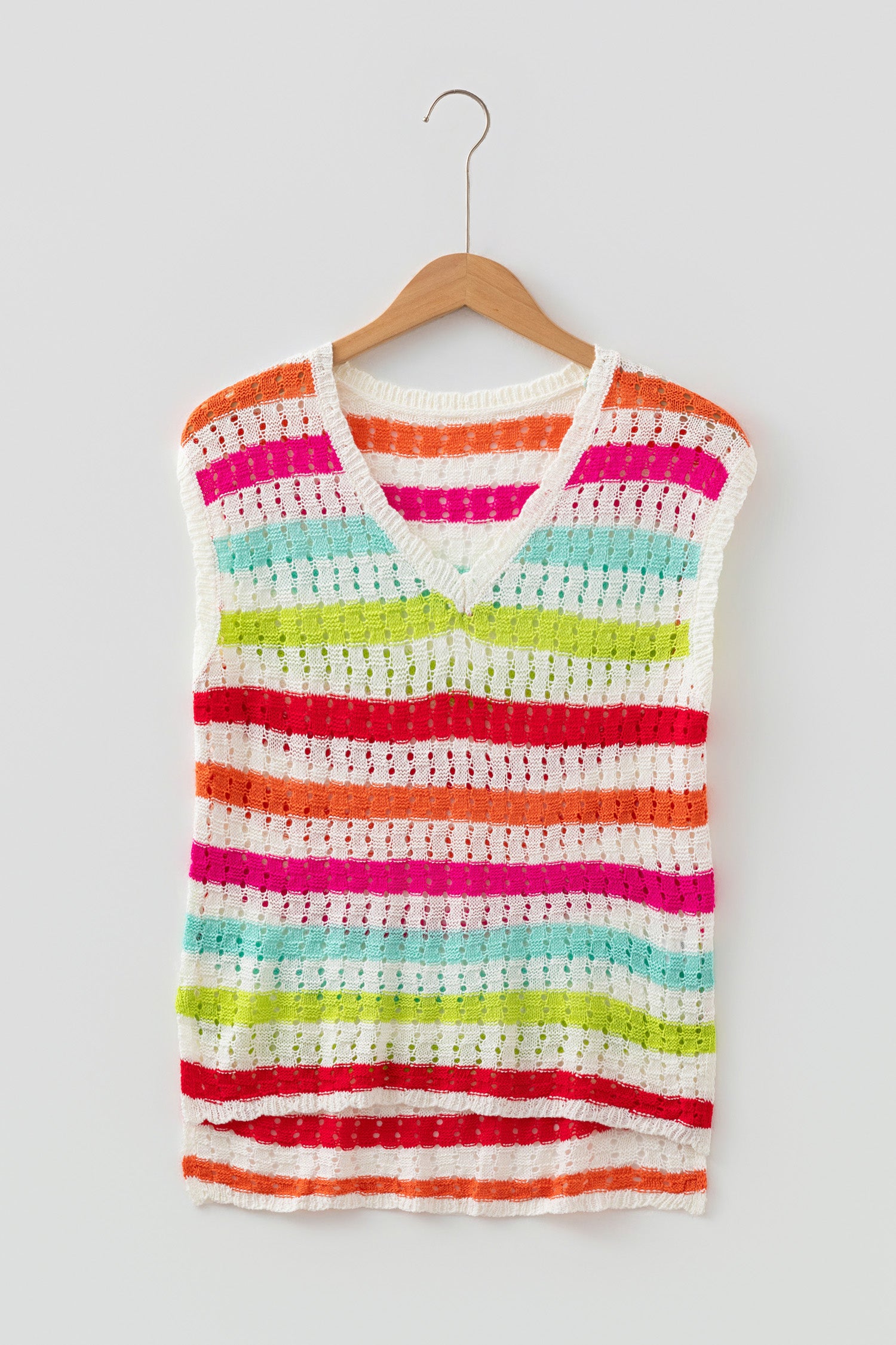 Multicolour Striped Eyelet Knit V Neck Sweater Tee-TOPS / DRESSES-[Adult]-[Female]-2022 Online Blue Zone Planet