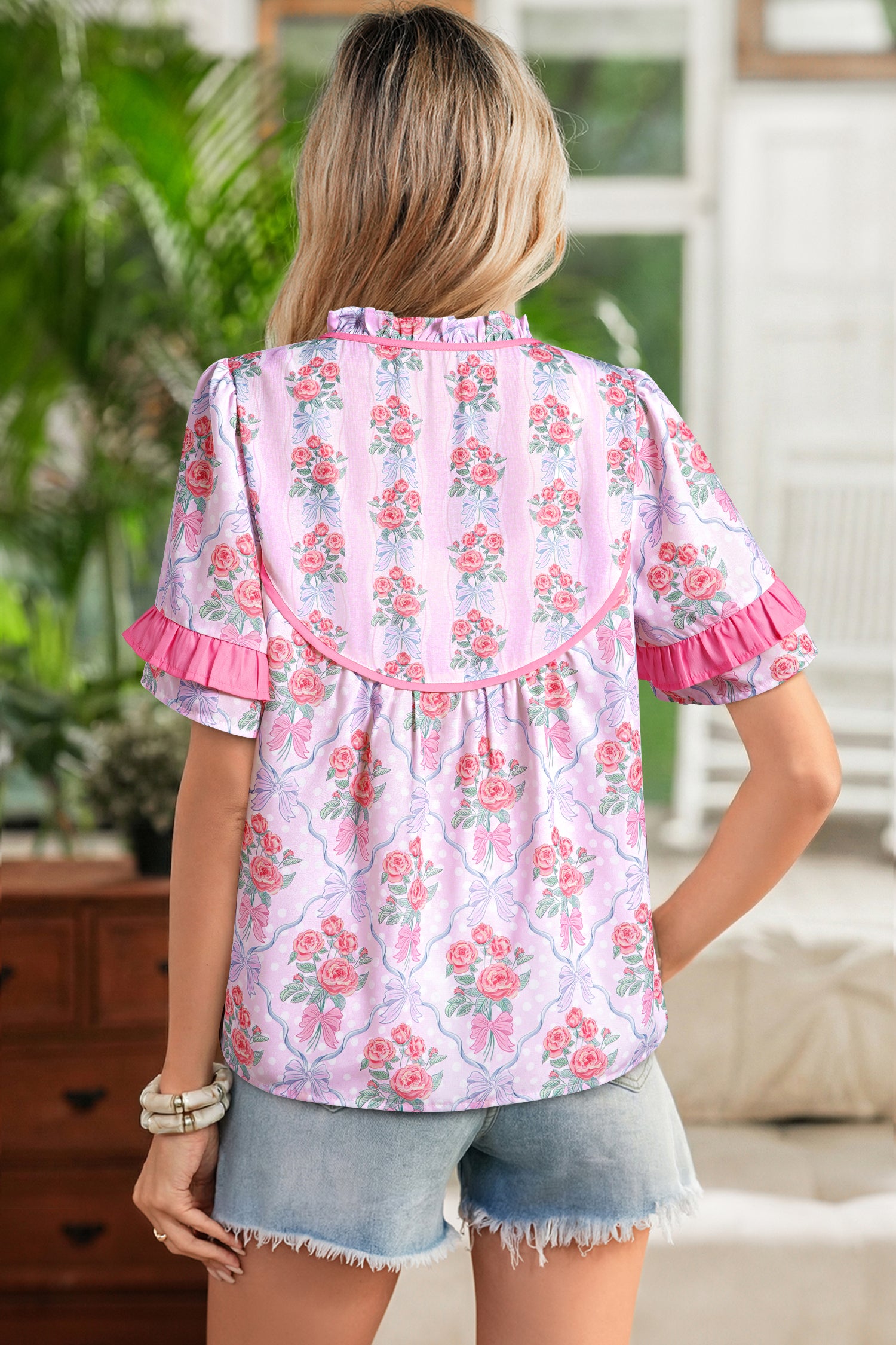 Purple Coquette Floral Bow Printed Contrast Ruffled Short Sleeve Blouse-Tops/Blouses & Shirts-[Adult]-[Female]-2022 Online Blue Zone Planet