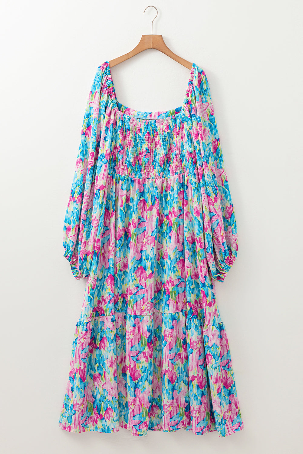 Blue Zone Planet | Sky Blue Floral Allover Print Shirred Square Neck Plus Size Maxi Dress-TOPS / DRESSES-[Adult]-[Female]-2022 Online Blue Zone Planet