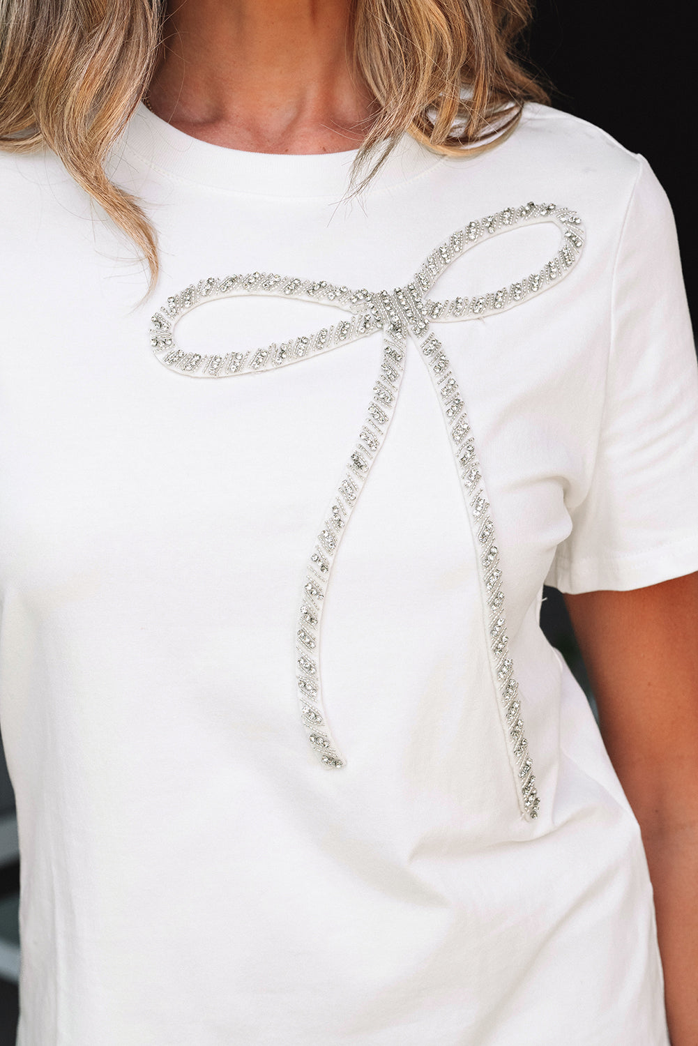 White Rhinestone Bow Embellished Round Neck Tee-Tops/Tops & Tees-[Adult]-[Female]-2022 Online Blue Zone Planet