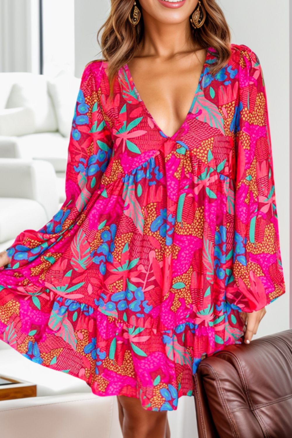 Printed Balloon Sleeve Mini Dress-TOPS / DRESSES-[Adult]-[Female]-2022 Online Blue Zone Planet