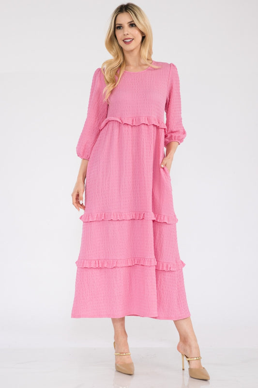 Blue Zone Planet | Celeste Full Size Tiered-Ruffle Midi Dress-TOPS / DRESSES-[Adult]-[Female]-Pink-S-2022 Online Blue Zone Planet