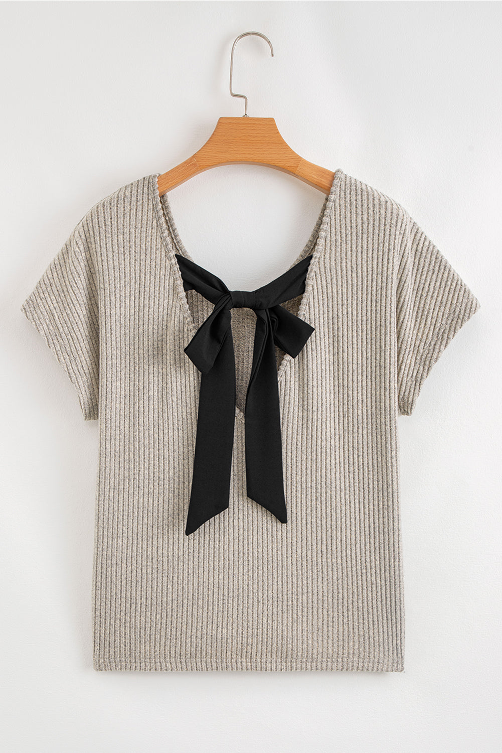 Gray Morn Ribbed Short Sleeve V Neck Colorblock Bow Back Top-Tops/Tops & Tees-[Adult]-[Female]-2022 Online Blue Zone Planet